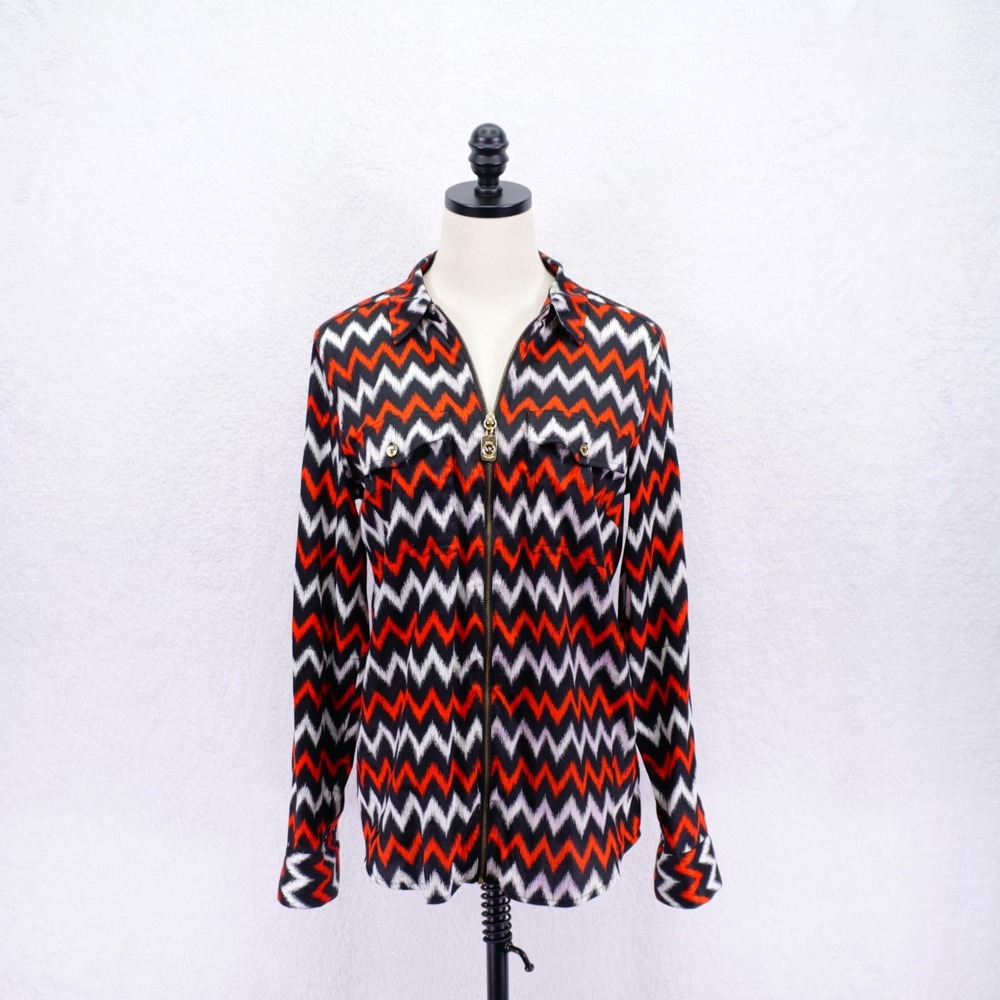 Michael Kors -6- Black Orange White Zig-Zag Full Zip Jacket Pockets Cotton Spand